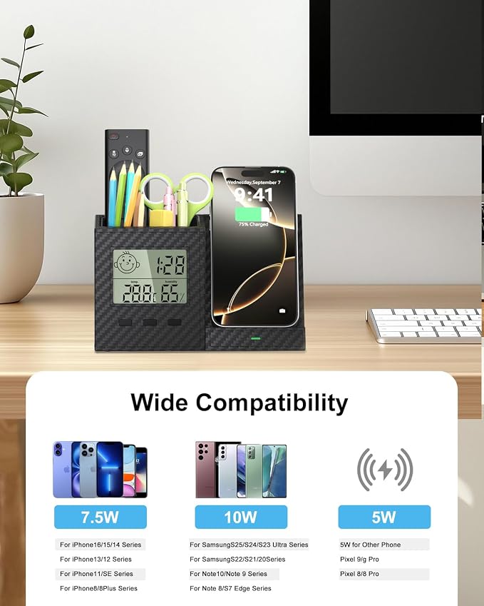 Desk Organizer with Wireless Charger, Digital Clock, Thermometer & Hygrometer - Multi-Functional Pencil Holder, Office Desk Accessories Storage Caddy for Home, Office, Men, Women (Battery Included)