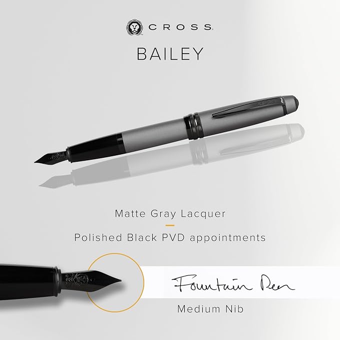 Cross Bailey Matte Gray Lacquer Fountain Pen with Polished Black PVD Appointments