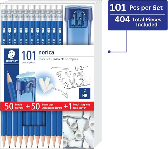 STAEDTLER Norica Pencil Set 4 Pack (4 sets of 101 pcs) - 50 Pre-sharpened #2 HB Pencils with 50 Eraser Caps & Double-Hole Sharpener, Break-Resistant Lead, School Pack | 50 Pre-sharpened #2 HB Pencils, 50 Eraser Caps & Double-Hole Sharpener, Break-Resis...