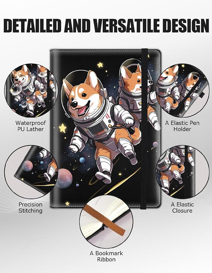 Hardcover Executive Notebooks, A5 PU Leather Lined Journal Notebook, 200 Pages Thick Paper Subject Notebooks for School,Work,Home Writing Business Notebook, Diary Book ， Space Corgi Dog