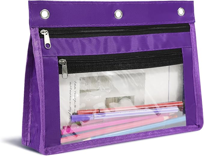 YoeeJob 1 Pack Pencil Pouch for 3 Ring Binder, Expandable Binder Pouches with Zipper, Large Capacity Pen Holder Case with Clear Window School Class Office Organizers, Purple