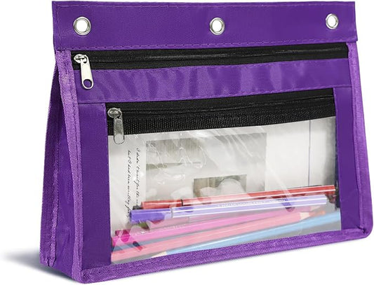 YoeeJob 1 Pack Pencil Pouch for 3 Ring Binder, Expandable Binder Pouches with Zipper, Large Capacity Pen Holder Case with Clear Window School Class Office Organizers, Purple