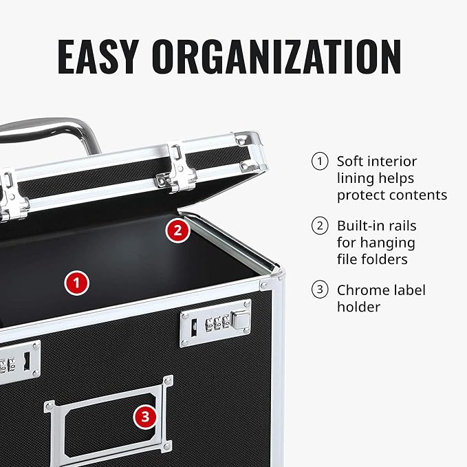 Vaultz File Organizer Storage Box - 14 x 7 x 12.19 Inch Letter Size, Portable Locking Storage Totes with Dual Combination Locks for Filing Office Documents - Black | Locking storage tote with dual combination locks, keeps office documents secure and or...