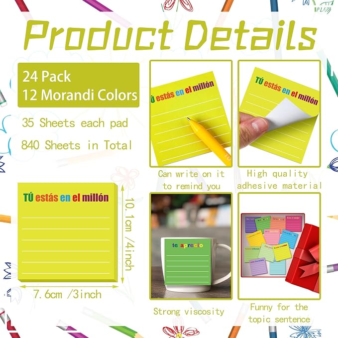Yinder 24 Pcs Inspirational Sticky Notes, Back to School Supplies, Cute Motivational Sticky Notes Pad Employee Appreciation Gifts Bulk for Teacher Coworker Office 3 x 3'' (Appreciation,Spanish)