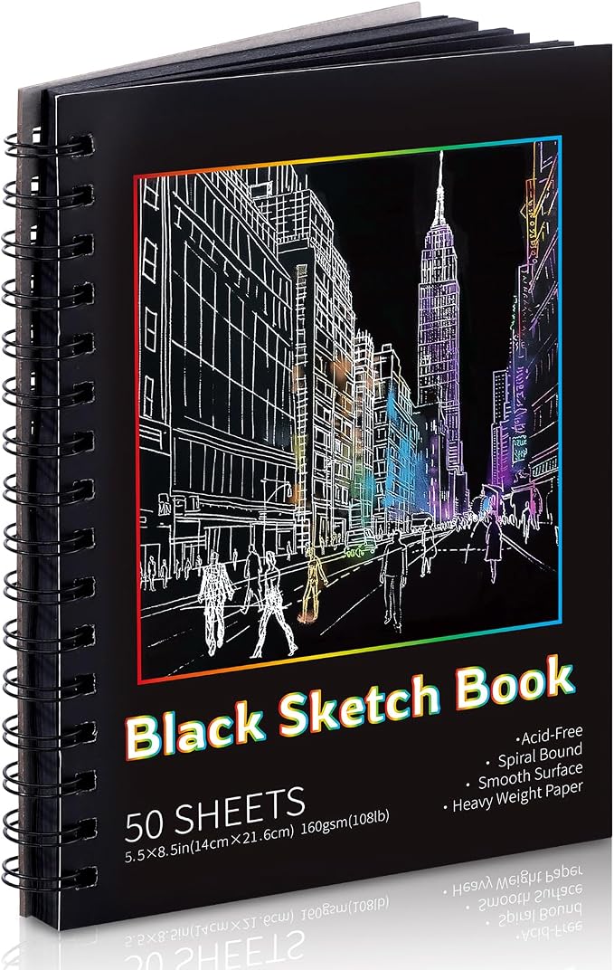 160gsm Black Paper Sketchbook 5.5 x 8.5 in, 50 Acid-Free Drawing Paper | Heavyweight black paper, finely textured, tears cleanly, lays flat, for pencils, chalk, metallic markers