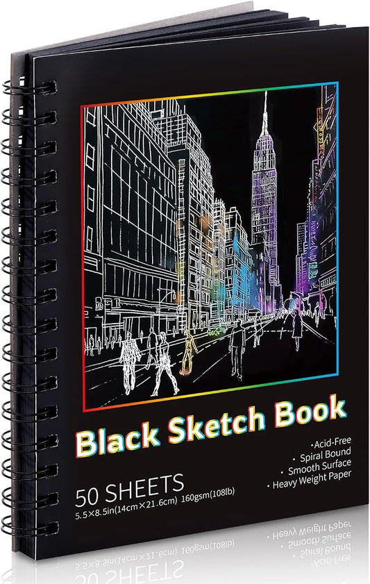160gsm Black Paper Sketchbook 5.5 x 8.5 in, 50 Acid-Free Drawing Paper | Heavyweight black paper, finely textured, tears cleanly, lays flat, for pencils, chalk, metallic markers
