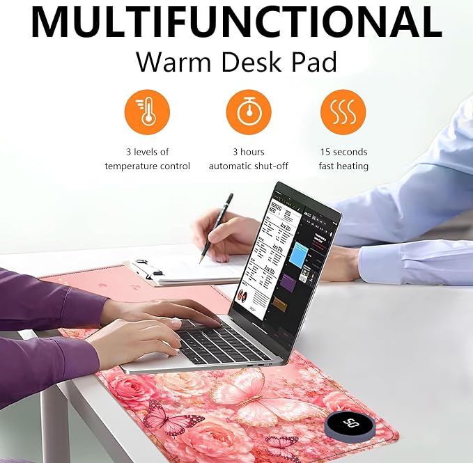 Large Heated Mouse Pad–23.6" x 14.2" Desk Mat for Office | 3 Adjustable Heat Levels,Auto Shut-Off After 3 Hours for Safety,Keeps Hands Warm While Working，Pink butterfly