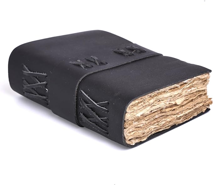 Leather Bound Vintage Journal for Women & Men – Book of Shadows – Lock Closure – 200 Pages of Antique Deckle Edges Handmade Paper (Black, 8 x 6 inches)