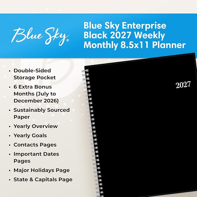 Blue Sky 2027 Weekly & Monthly Planner Calendar, 8.5"x11", Enterprise | January 2027 - December 2027, Flexible Cover, Durable Twin Wire Binding, Laminated Tabs, Storage Pocket
