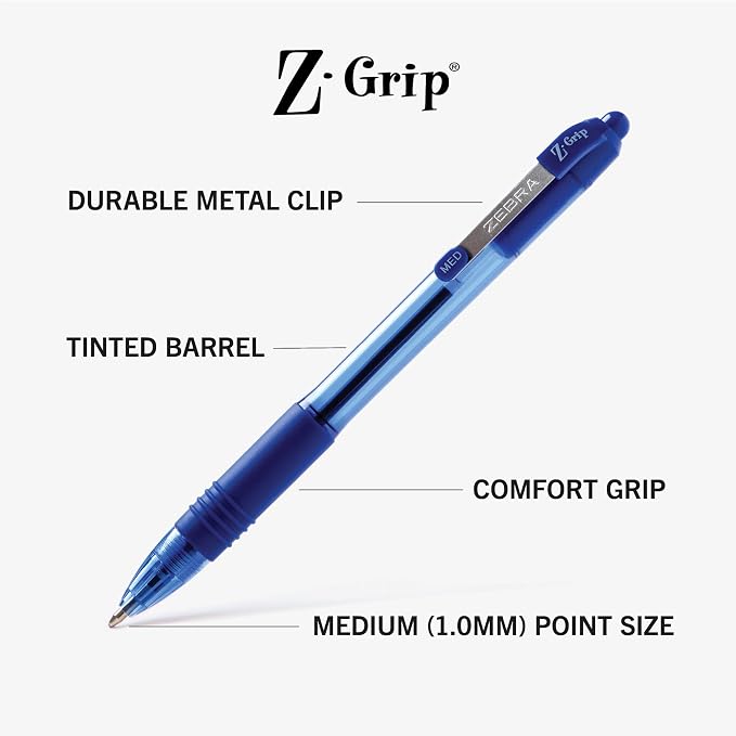 Zebra Pen Z-Grip Retractable Ballpoint Pen, Smooth-Flowing Blue Ink, 1.0mm Medium Point, School & Office Supplies, Ideal for Note-Taking, Journal and Planner Use, 48-Pack (22248)