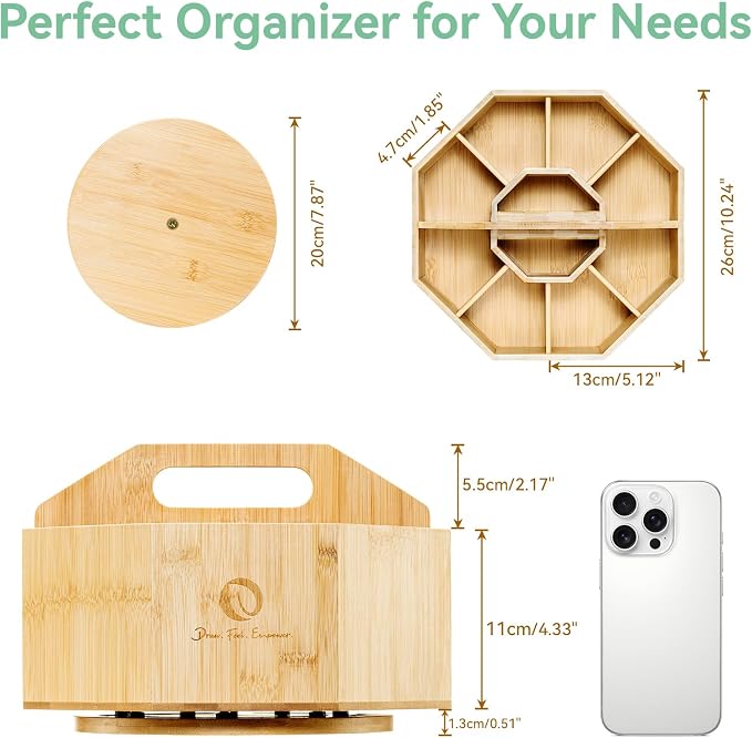 Ohuhu Rotating Marker Organizer for Alcohol Markers, 360° Rotating Bamboo Storage Hold 162 Honolulu& B Alcohol Markers, Pens Pencil Holder with 10 Compartments for Home Classroom Office Decor