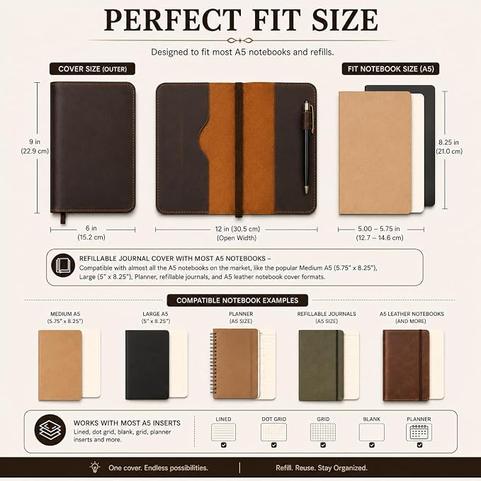 A5 Leather journal cover, Refillable Journal Cover for Large and Medium A5, Leather Handmade Notebook Cover, 5.75 x 8.25 Inches Leather Bound Journal (Brown)