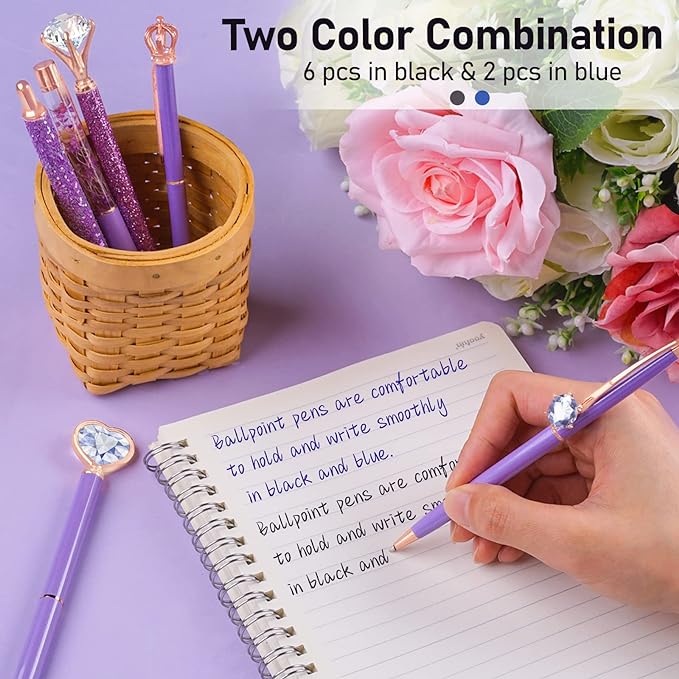 WEMATE 8Pcs Purple Pens, Metal Crystal Diamond Pens with Black & Blue Ink | Fancy Pens for Journaling, Office & Gift Supplies for Women Girls, Birthday and Back to School