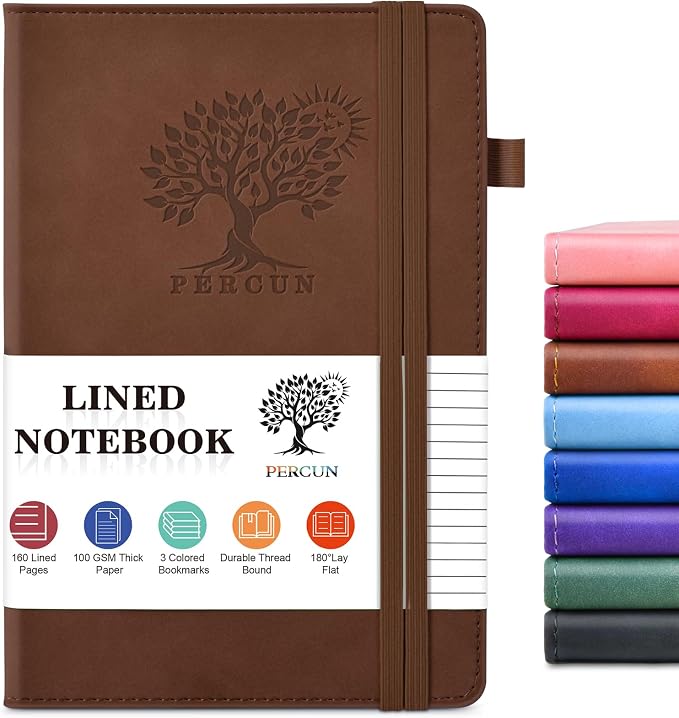 PERCUN A5 Leather Notebook Journal, 160 Lined Pages, 5.9" x 8.5" Brown | Leather Journal for Men Women, Hardcover Notebooks for work, school, business, travel diary, Note taking & Daily Journaling