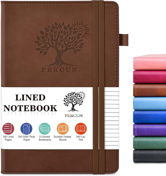PERCUN A5 Leather Notebook Journal, 160 Lined Pages, 5.9" x 8.5" Brown | Leather Journal for Men Women, Hardcover Notebooks for work, school, business, travel diary, Note taking & Daily Journaling