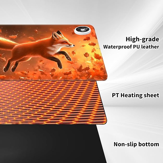 Heated Desk Pad Mouse Pad,Heated Desk Mat,with 3 Heating Levels & 3 Hours Auto Shut-Off,Leather 23.6"*14.2" Gaming Mouse Laptop Mat,Foot Warmer,Cute Red Fox Forest