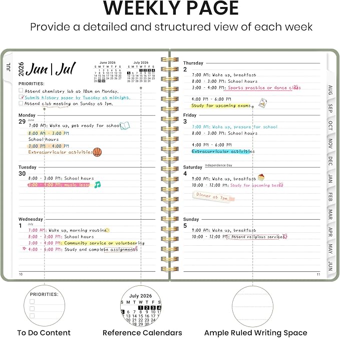 Planner 2026-2027 for Women & Men, Academic Monthly and Weekly Calendar Planner, Jul 2026 - Jun 2027, A5 (6.3" x 8.5"), Teacher Student Planning Book with Tabs, Ideal for Office School Supplies - Green