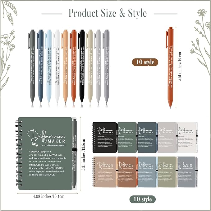 Resurhang 10 Sets Difference Maker Employee Appreciation Gift Bulk Inspirational A6 Spiral Notebook Journal Ballpoint Pens for Teacher Volunteer Coworker Team Back to School (Neutral Colors)