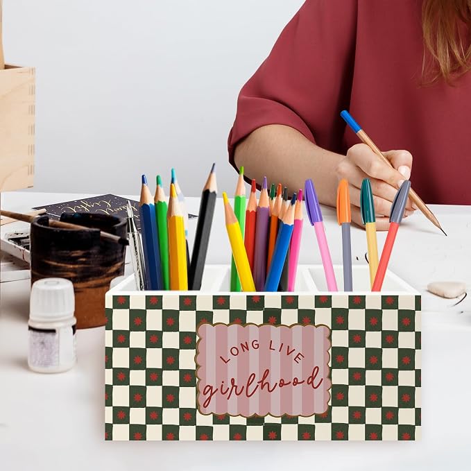 Girls Room Decor Pen Pencil Holder Organizer for Desk, Long Live Girlhood Green Checkered Wooden Box Signs Decorations for Kids Girls Room Bedroom Desk Tabletop, Girl Nursery Decor