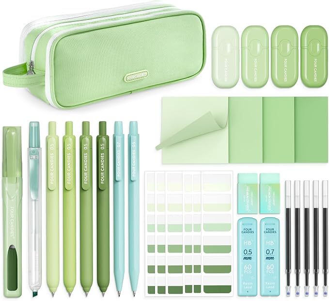 Four Candies Green School Supplies with Case College Essentials | Pens with Black Ink, Correction Tapes, Pastel Highlighters, Mechanical Pencils, Sticky Notes, Index Post for Study Stationary