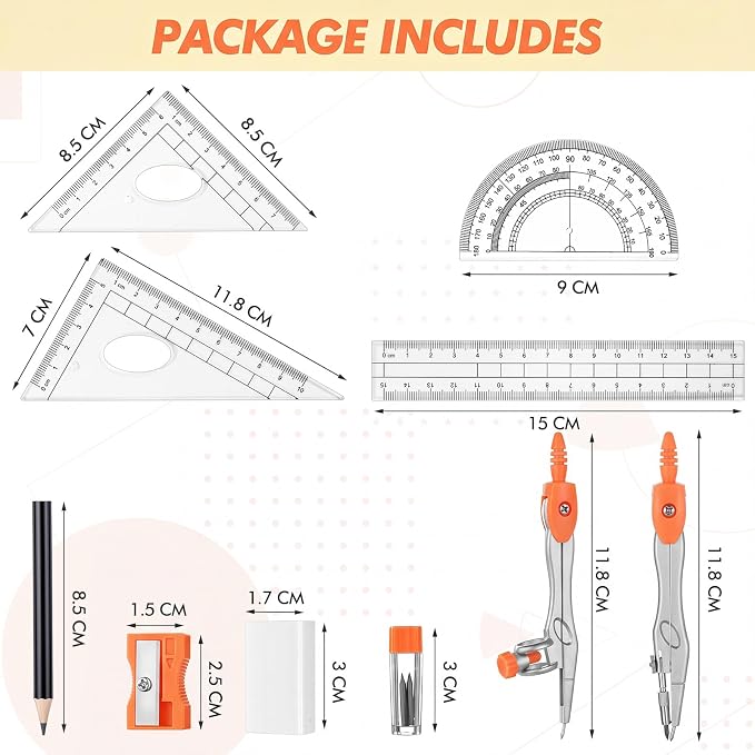 Zonon Math Geometry Set for Students 10 Pcs Compass Geometry Tools Kit Includes Protractor Compass Lead Refills Rulers Pencil Sharpener Eraser Pencil Storage Box for Drafting and Drawings(Orange)