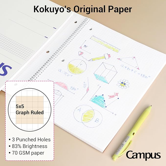 KOKUYO Spiral Notebooks, 3 Pack 5x5 Graph 10-1/2" x 8" Subject Notebooks | Campus Subject Notebooks, 80 Sheets, 3 Holes School Japanese Grid Ring Journal for Study Planner Drawing, Blue Pink White