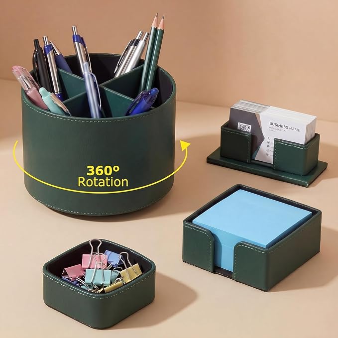 4 Pcs Rotating Leather Pen Holder for Desk Organizer Office Supplies Business Card Sticky Note Holder Paperclip Storage Desk Accessories Set for Teacher Back to School Gift(Green)