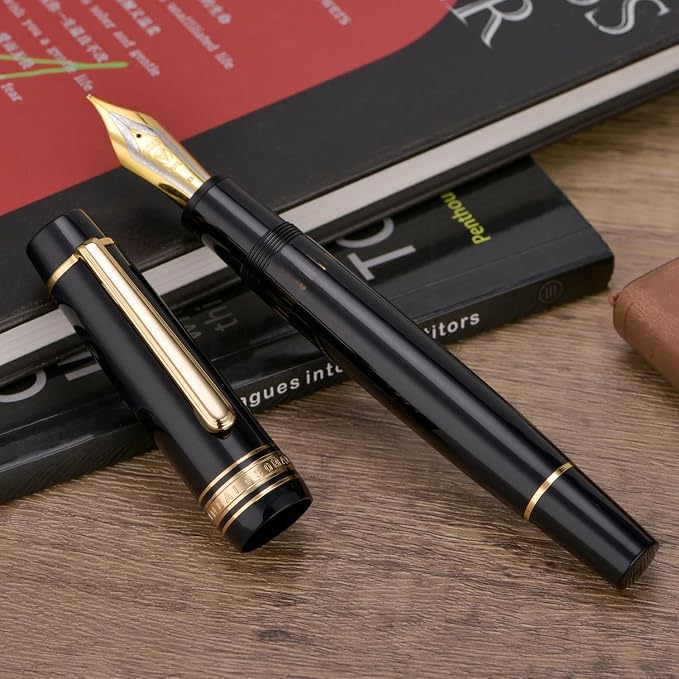 Wikult Yongsheng Junlai 930 Acrylic Fountain Pen, Size 9 Broad Nib with Piston Filling System, Piano Black Fence Ink Tank with Flat Top Design Smooth Writing Pen (Gold Trim)