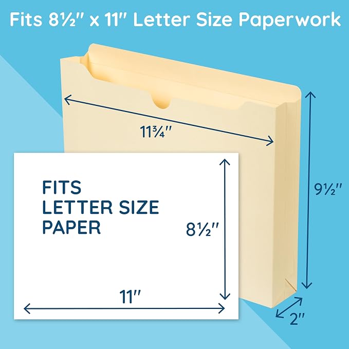 Blue Summit Supplies 2 Inch Manila File Jacket, 50 Folders, Reinforced Straight Cut Tab, Heavy Duty 2 Inch Expansion Pocket, Letter Size, 50 Pack