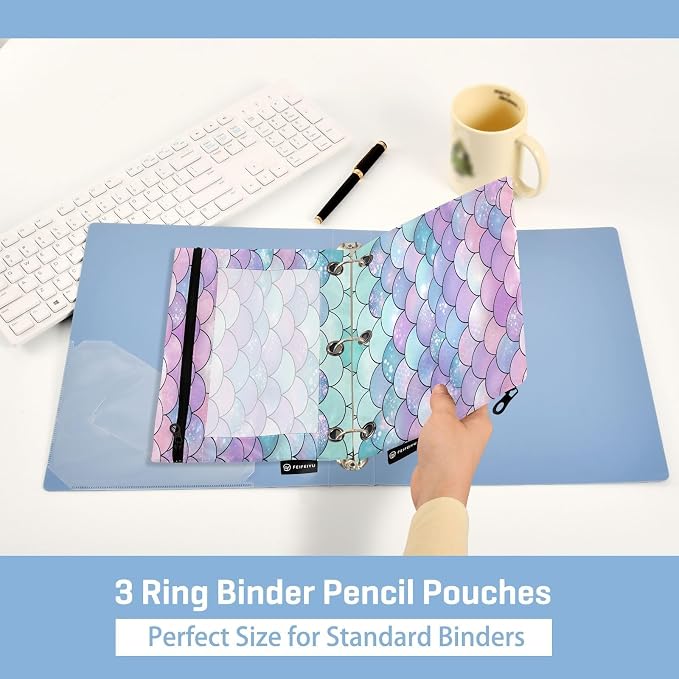 Gredecor Binder Pencil Pouch 3 Ring Pastel Mermaid Scales Zipper Pencil Pouches Case 2 Pack Clear Binder Organizer for School Office