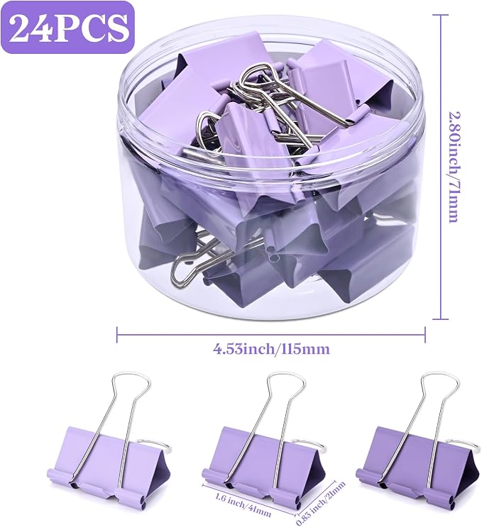Temiary Aesthetic Binder Clips, Large Metal Binder Clip with Clear Storage Container, Binding Paperwork Clamps for School Teachers Office Supplies (Purple 1.6 Inch, 24P)