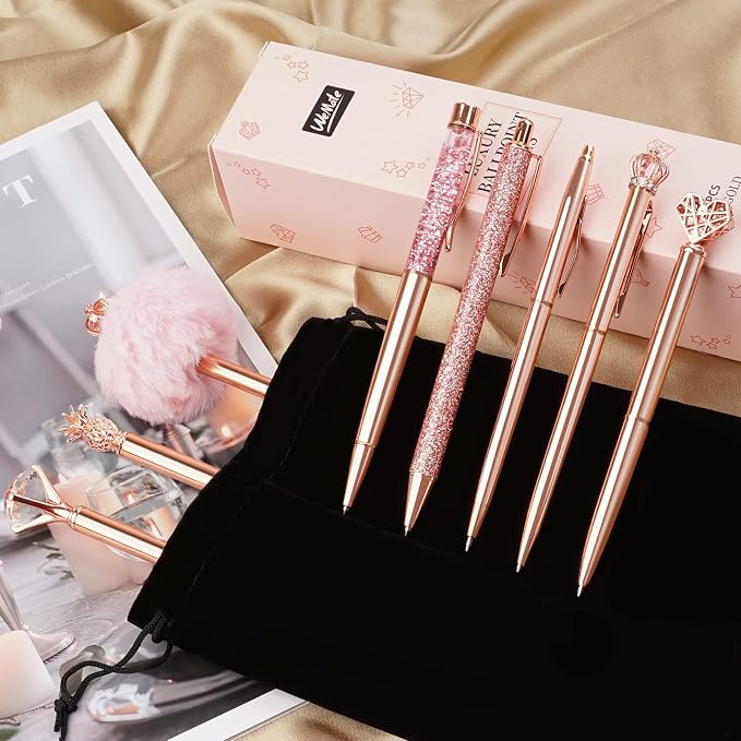 WEMATE 8Pcs Rose Gold Pens Crystal Diamond Pens with Black & Blue Ink | Fancy Pens for Journaling, Office & Gift Supplies for Women Girls, Birthday and Back to School