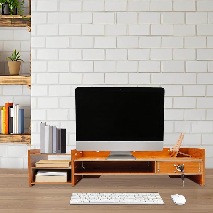 Computer Monitor Stand, Wooden Monitor Riser with Lockable Drawer and Storage, Multi Wooden Desktop Storage Stand for Laptop Printer Screen and Office Supplies Organizer, 25.2" x 7.87" x 5.33" (1 Drawer)