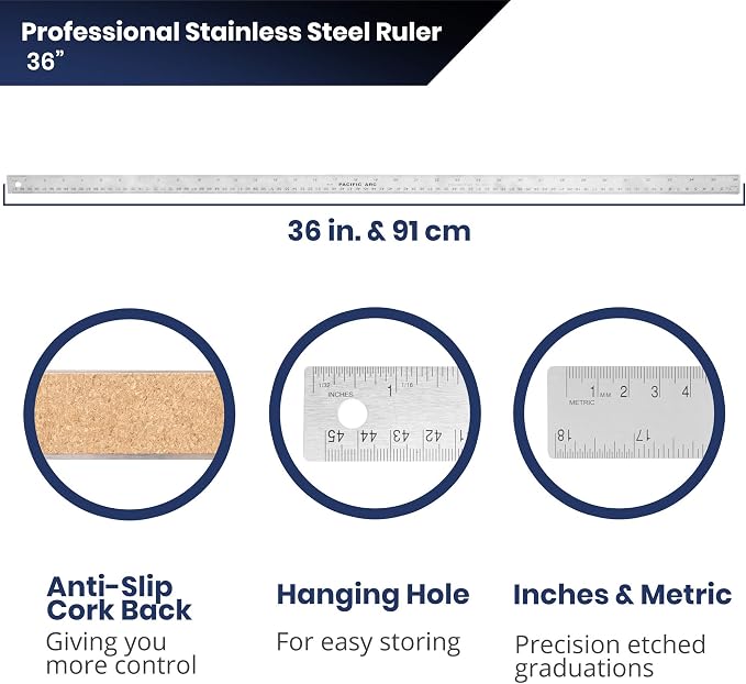 Pacific Arc Stainless Steel 36 Inch Metal Ruler Non-Slip Cork Back, with Inch and Metric Graduations