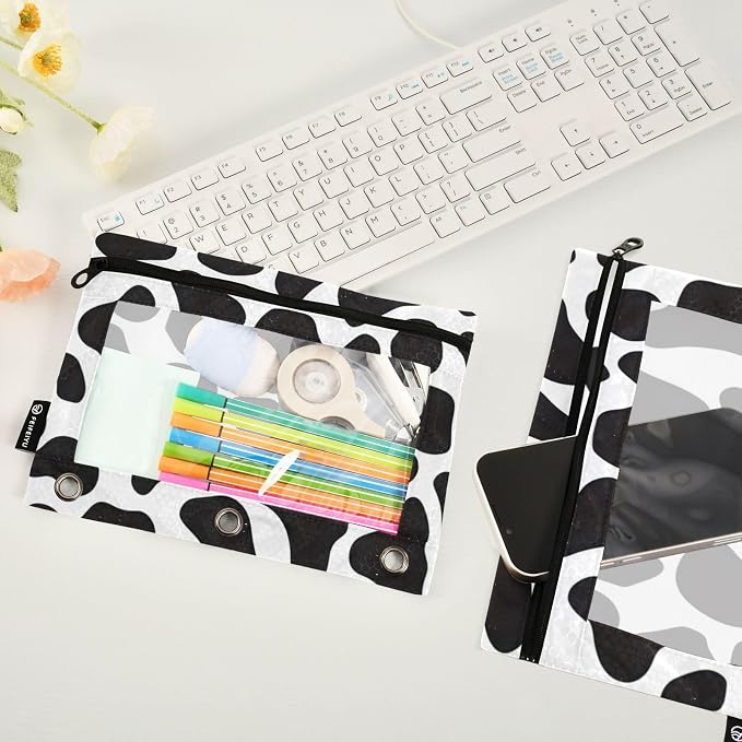 ALAZA Pencil Pouch for 3 Ring Binder, Black and White Cow Doodle Print Binder Pencil Pouches with Clear Window Zipper Pencil Case Cosmetic Bags for Office College Supplies, 2PCS