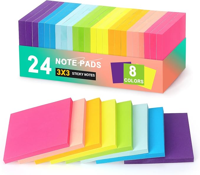 Early Buy 24 Pack Sticky Notes, 3×3 in, 8 Bright Colors, 60 Sheets per Pad | Self-Adhesive Notes, for Office, School, and Home Planning