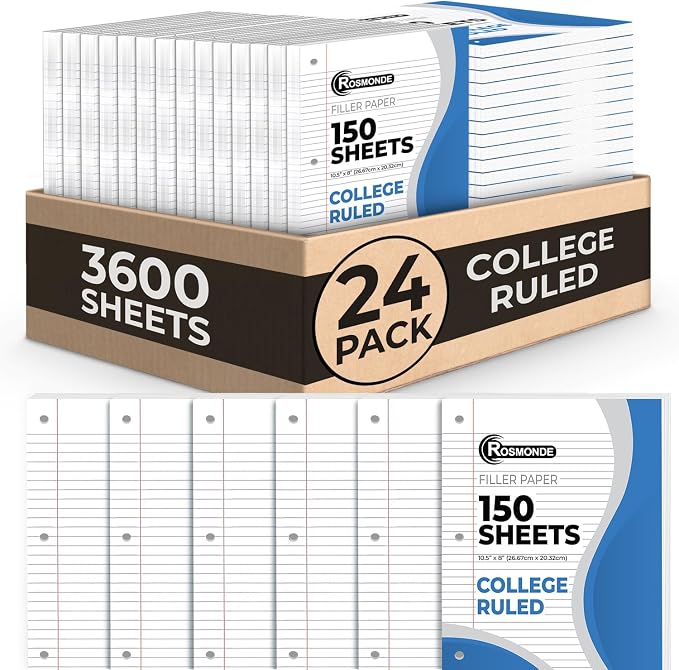 Rosmonde Loose Leaf Paper Bulk, 3600 Sheets, 24 Pack, College Ruled Paper | Bulk Notebook Paper, 8" x 10.5", 150 Sheets/Pack, Bulk Office Filler Paper, 3 Hole Punched, College Ruled Paper For Binder