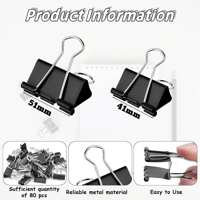 80 PCS Large Binder Clips 2 Inch(40Pcs) and 1.6inch (40Pcs), Jumbo Binder Black Paper Clamps Document Clips, Assorted Binder Clips for Office and Home Supplies
