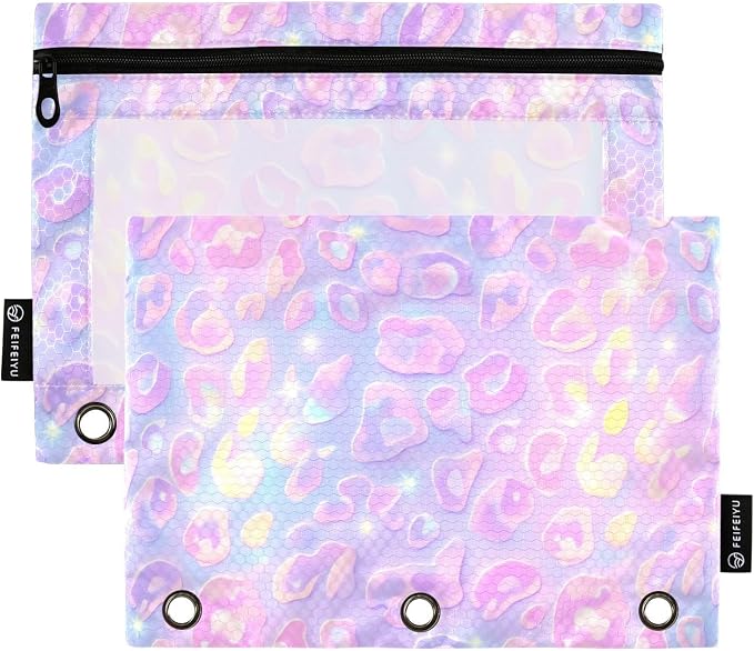 Gredecor Binder Pencil Pouch 3 Ring Pastel Leopard Purple Zipper Pencil Pouches Case 2 Pack Clear Binder Organizer for School Office