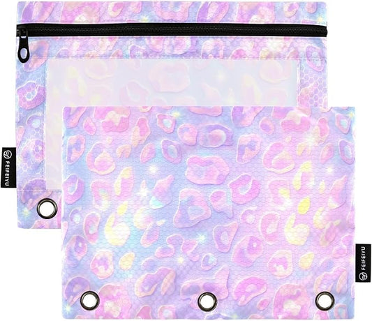 Gredecor Binder Pencil Pouch 3 Ring Pastel Leopard Purple Zipper Pencil Pouches Case 2 Pack Clear Binder Organizer for School Office