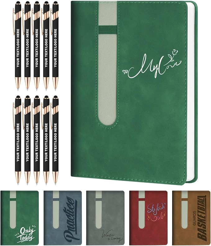 ENOMY Personalized Notebook Journal with 10 PC Pens Gifts Set Custom Notebook 240 Pages A5 Lined Journal for Men Women Hardcover Notebooks for Work College Graduation Gifts, Green