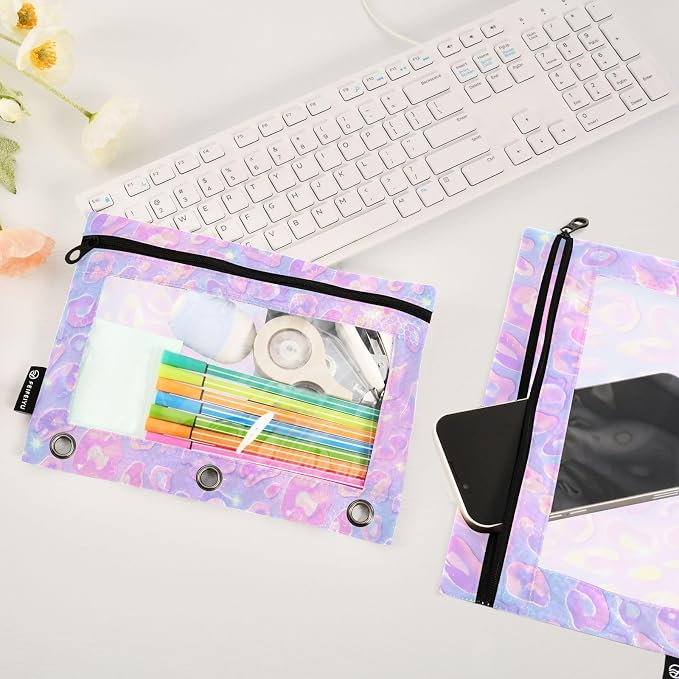 Gredecor Binder Pencil Pouch 3 Ring Pastel Leopard Purple Zipper Pencil Pouches Case 2 Pack Clear Binder Organizer for School Office