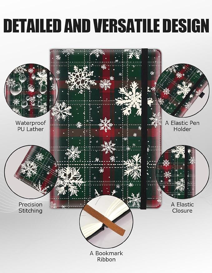 Hardcover Executive Notebooks, A5 PU Leather Lined Journal Notebook, 200 Pages Thick Paper Subject Notebooks for School,Work,Home Writing Business Notebook, Diary Book ，Christmas White Snowflakes