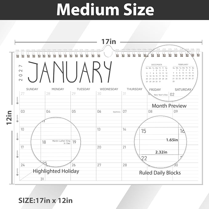 GuassLee Wall Calendar 2026-2027,12 Months Academic Planner Through Jun. 2026 to May 2027,17" X 12" Paper Monthly Planner Wall Hanging Calendar with Thick Paper for Easy Organizing