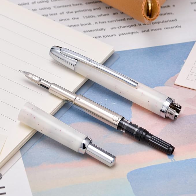 Jinhao 20 Press Fountain Pen, Snow White Retractable Medium Nib with Ink Converter Set (Silver Clip)