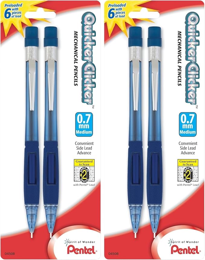 Pentel® Quicker Clicker™ Automatic Pencils, 0.7 mm, Blue Barrel, Pack of 2 Pencils- Pack of 2
