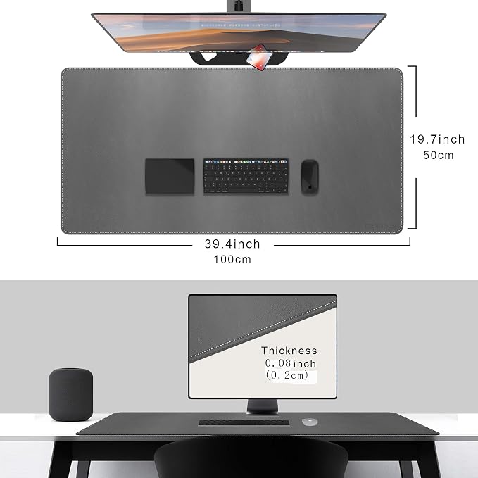 CENNBIE Leather Desk Mat,39.3x19.6 Desk Pad Blotter Protector (Grey) | Premium stitched edges resist wear. Easy to clean. Protects desk from spills, stains ,scratches. Smooth glide. Office & home.