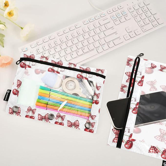 Gredecor 3 Ring Binder Pencil Pouch, Cherry Coquette Ribbon Bow (38) Zippered Pen Case Pouches with Clear Window, 2 Pack Stylish Office & School Supplie