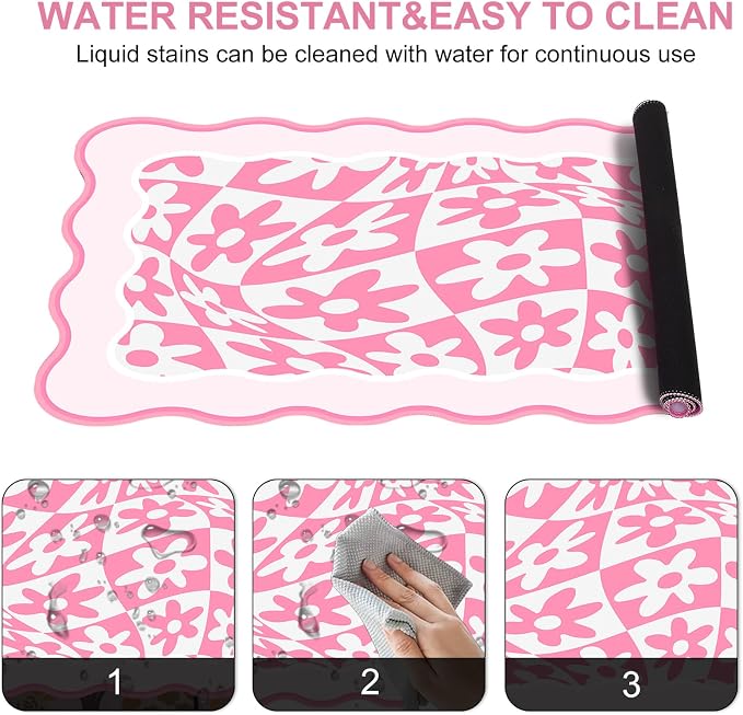 L-SPOUTTO Pink Mouse Pad,Scalloped Desk Mat Daisy XXL Large Gaming Mousepad | 35.4x15.7in Non-Slip Rubber Base Keyboard Pad Waterproof Desktop Mat for Laptop Computer Work Game Home Office