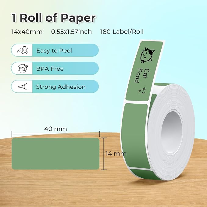 Nelko Genuine P21 Label Maker Tape, Adapted Label Print Paper, 14x40mm (0.55"x1.57"), Standard Laminated Labeling Replacement, Multipurpose of P21 Label Maker, 180 Tapes/Roll, 1 Roll, Army Green